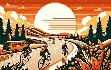 Orange, black and white graphic of cyclists biking down a winding road towards the moon. 
